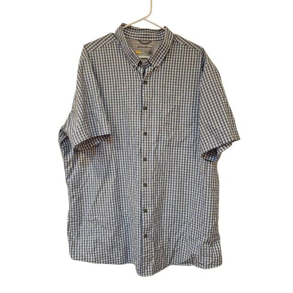 Eddie Bauer Men's Dusty Blue & White Mini Gingham Check Button Down Short Sleeve - Picture 1 of 11
